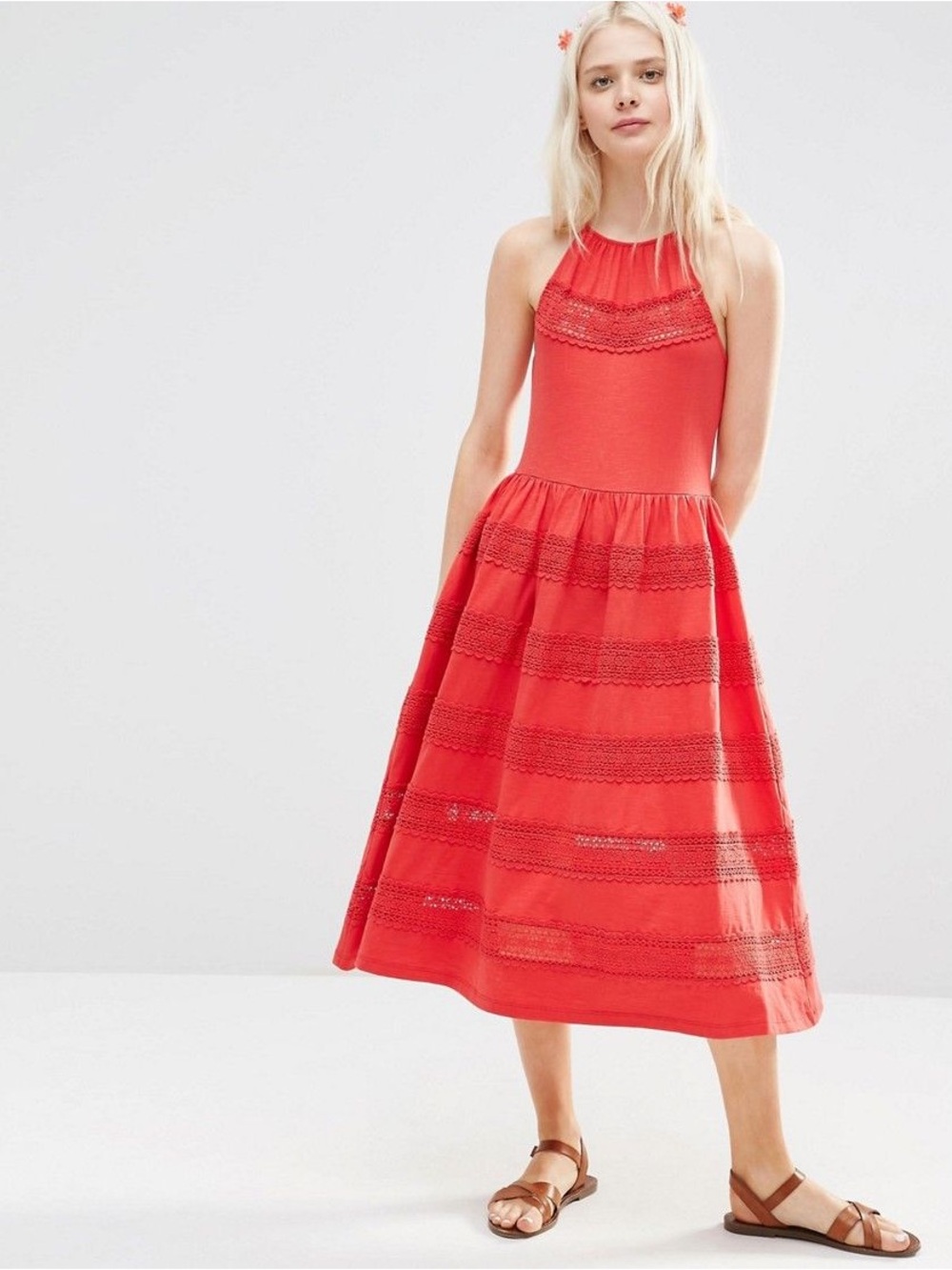 ASOS Red Crochet Lace Tiered Maxi Dress US 6 Cotton Strappy Back Boho